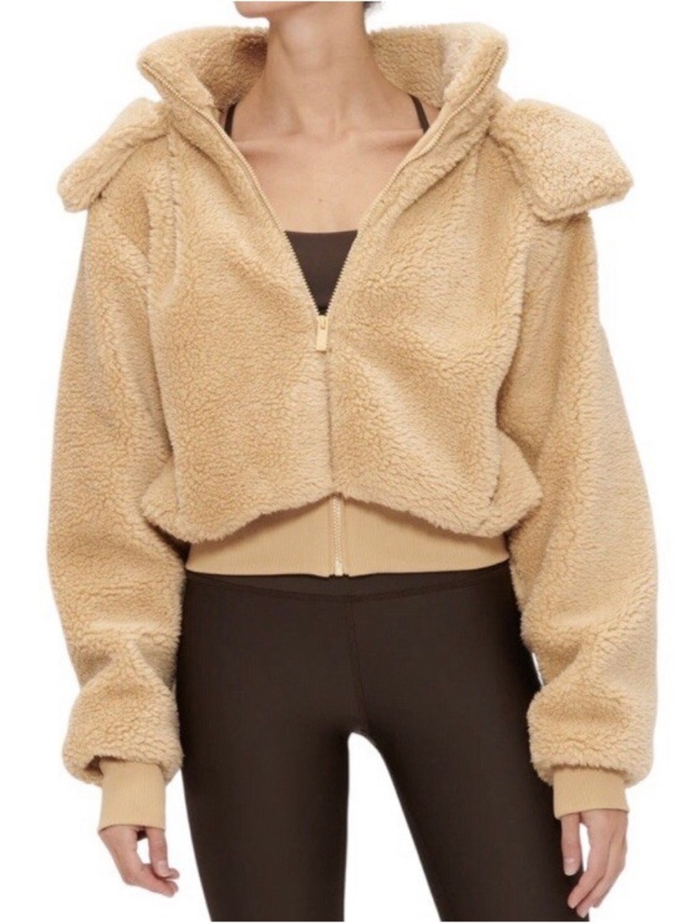 Alo Yoga ‘Foxy’ Cropped Hooded Teddy Coat - Tan, Women’s Medium